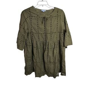 4393) Country Living Olive Green Eyelet Baby Doll Cottagecore Top Dress Large